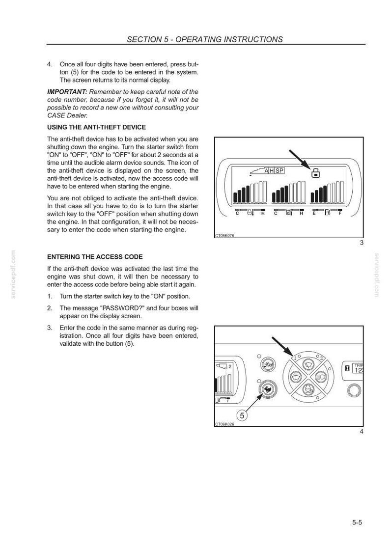 K&ouml;nnte beinhalten: Seite mit Betriebsanweisungen und Diagrammen. Der Text erkl&auml;rt die Verwendung der Diebstahlsicherung, einschlie&szlig;lich der Eingabe des Zugangscodes. Die Diagramme zeigen einen Bildschirm und ein Bedienfeld mit Tasten.