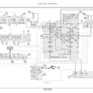 Op de afbeelding: Een gedetailleerd technisch diagram van een hydraulisch systeem, met verschillende componenten en gelabelde secties. Het diagram is in zwart en wit, met lijnen en symbolen die verschillende delen van het systeem vertegenwoordigen. De titel "Hydraulic systems" staat bovenaan.