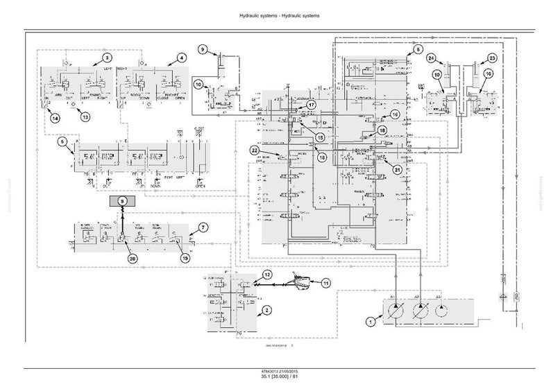 Op de afbeelding: Een gedetailleerd technisch diagram van een hydraulisch systeem, met verschillende componenten en gelabelde secties. Het diagram is in zwart en wit, met lijnen en symbolen die verschillende delen van het systeem vertegenwoordigen. De titel "Hydraulic systems" staat bovenaan.