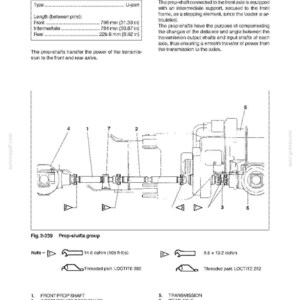 May include: Diagram of a transmission system with prop shafts, front and rear axles, and a transmission. The diagram includes measurements in inches and millimeters, along with labels for each component. The text includes safety precautions.