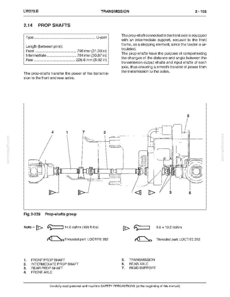 May include: Diagram of a transmission system with prop shafts, front and rear axles, and a transmission. The diagram includes measurements in inches and millimeters, along with labels for each component. The text includes safety precautions.