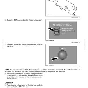 May include: Diagram illustrating steps for electro-hydraulic control. Includes images of a current clamp, a switch labeled "AC/DC Current Clamp" with settings for 60A and 20A, and a "ZERO" button. Text explains the process.