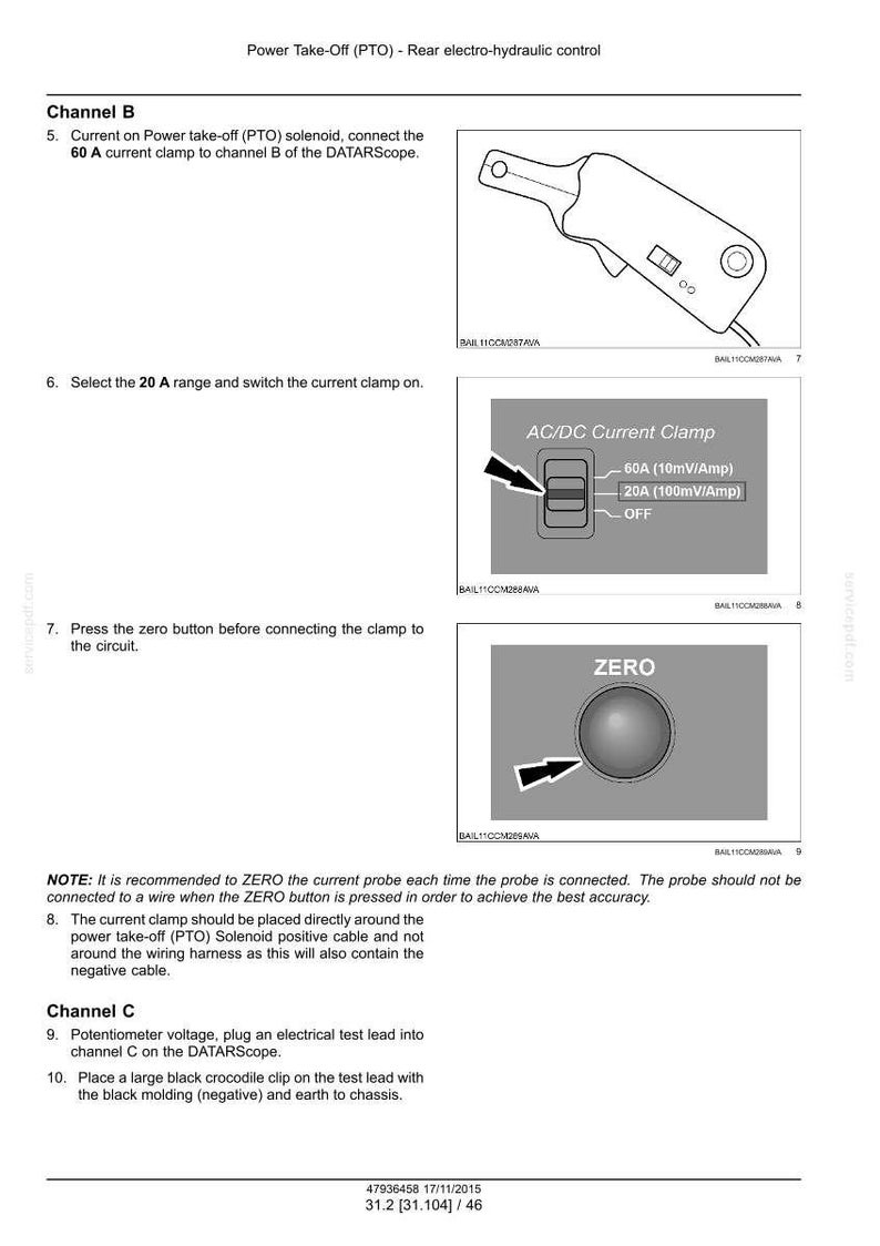 May include: Diagram illustrating steps for electro-hydraulic control. Includes images of a current clamp, a switch labeled "AC/DC Current Clamp" with settings for 60A and 20A, and a "ZERO" button. Text explains the process.