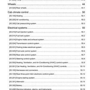 May include: A detailed table of contents from a manual, listing various vehicle systems and components. Sections include steering, wheels, cab climate control, and electrical systems. The document is dated 26/09/2014.