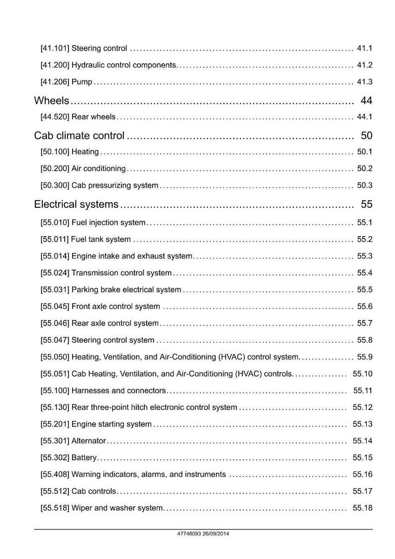 May include: A detailed table of contents from a manual, listing various vehicle systems and components. Sections include steering, wheels, cab climate control, and electrical systems. The document is dated 26/09/2014.