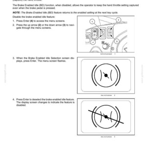 May include: Diagram of a vehicle's dashboard with numbered buttons and a screen displaying the Brake Enabled Idle (BEI) feature. The BEI function is described, along with instructions for enabling and disabling it. The screen shows the BEI symbol.