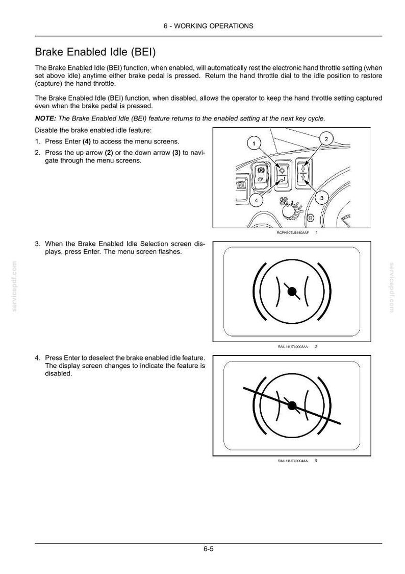 May include: Diagram of a vehicle's dashboard with numbered buttons and a screen displaying the Brake Enabled Idle (BEI) feature. The BEI function is described, along with instructions for enabling and disabling it. The screen shows the BEI symbol.