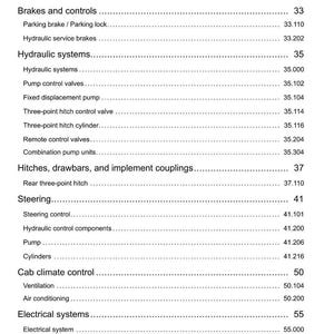 May include: A detailed page from a manual, featuring a table of contents for a tractor. Key sections include Power Take-Off, Brakes, Hydraulic Systems, Steering, and Electrical Systems. The page is white with black text and numbers.