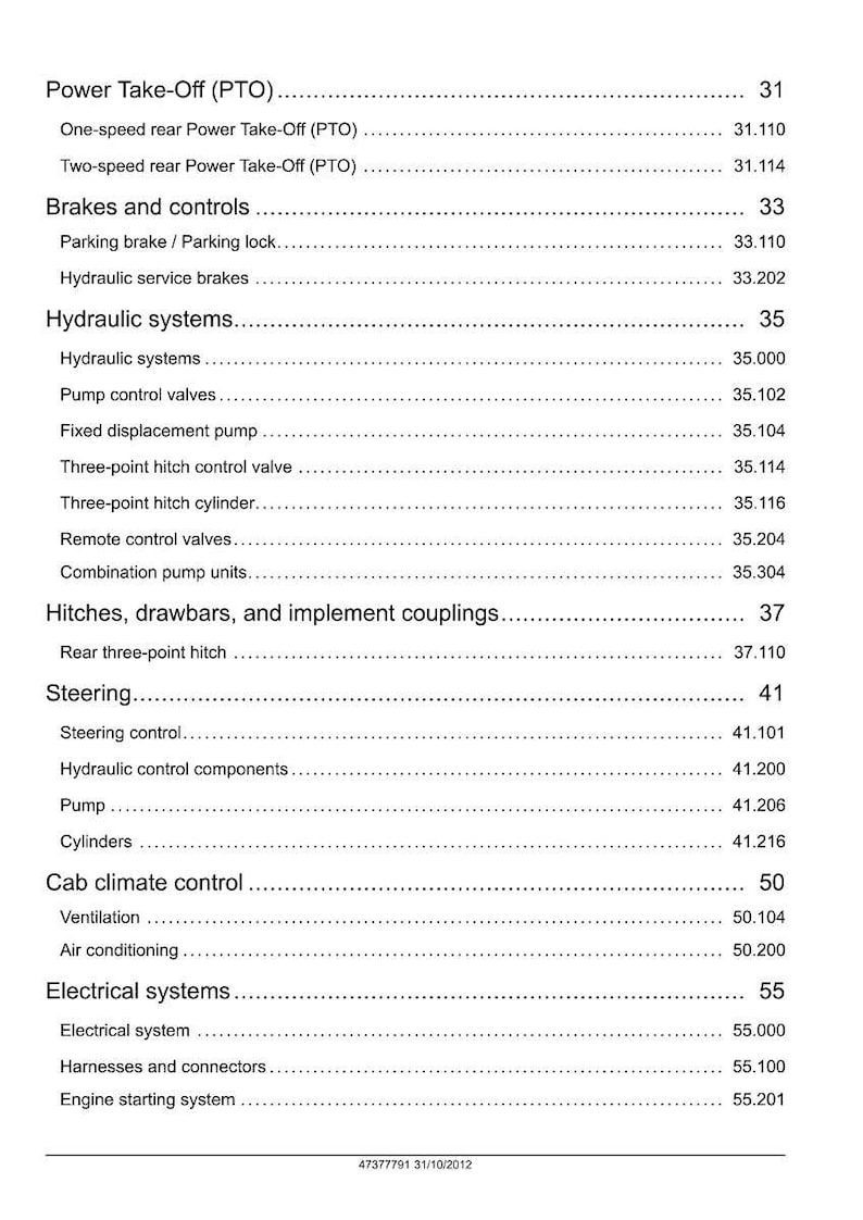 May include: A detailed page from a manual, featuring a table of contents for a tractor. Key sections include Power Take-Off, Brakes, Hydraulic Systems, Steering, and Electrical Systems. The page is white with black text and numbers.