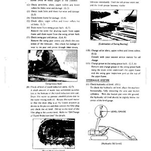 May include: A technical manual page titled CAUTION containing maintenance instructions for heavy machinery. It features black and white diagrams of a swing bearing, a swing grease bath, a travel reduction unit, and a hydraulic oil level gauge.