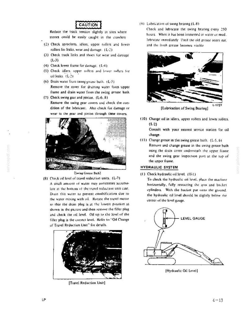 May include: A technical manual page titled CAUTION containing maintenance instructions for heavy machinery. It features black and white diagrams of a swing bearing, a swing grease bath, a travel reduction unit, and a hydraulic oil level gauge.