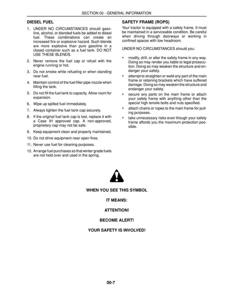 Pu&ograve; includere: Una pagina di manuale con istruzioni di sicurezza per il carburante diesel e i telai di sicurezza dei trattori. La pagina include avvertenze, simboli di sicurezza e linee guida dettagliate per il funzionamento e la manutenzione sicuri.