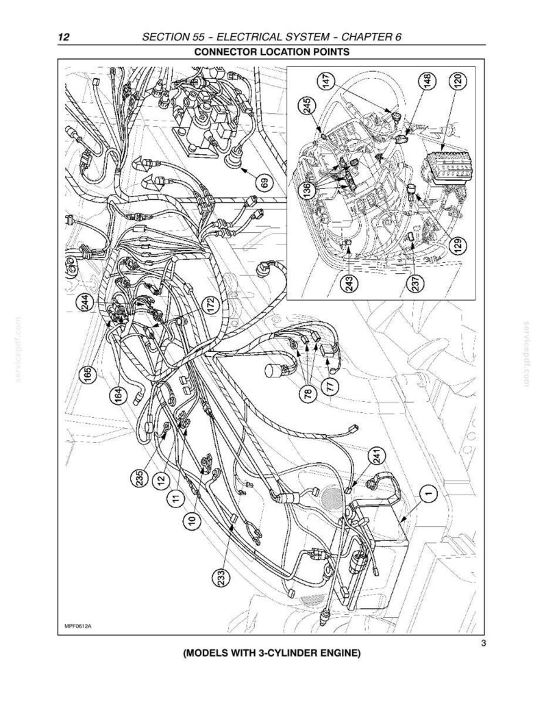 May include: A technical line drawing from a manual titled SECTION 55 - ELECTRICAL SYSTEM - CHAPTER 6 CONNECTOR LOCATION POINTS (MODELS WITH 3-CYLINDER ENGINE). The diagram displays complex wiring harnesses with numbered circular reference markers.