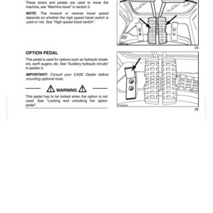 K&ouml;nnte beinhalten: Diagramm der Fahrsteuerhebel und -pedale sowie eines Optionspedals. Der Text lautet &bdquo;ABSCHNITT 4 - BEDIENELEMENTE/INSTRUMENTE/ZUBEH&Ouml;R&ldquo;. Das Bild enth&auml;lt Diagramme der Pedale und Hebel mit Pfeilen, die auf die Komponenten zeigen.