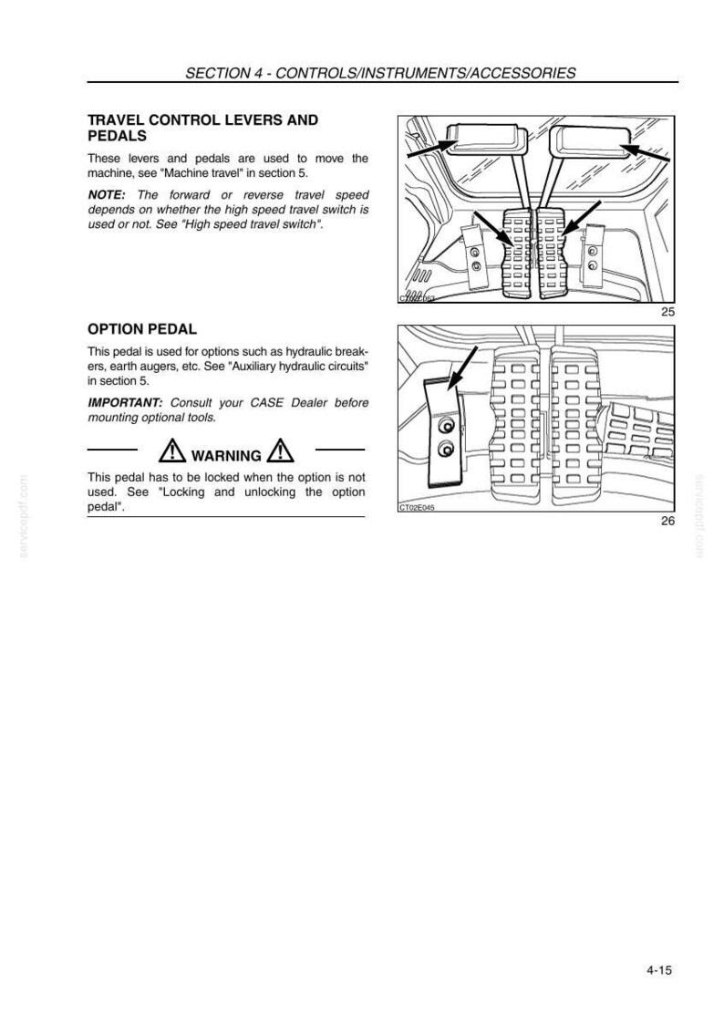 K&ouml;nnte beinhalten: Diagramm der Fahrsteuerhebel und -pedale sowie eines Optionspedals. Der Text lautet &bdquo;ABSCHNITT 4 - BEDIENELEMENTE/INSTRUMENTE/ZUBEH&Ouml;R&ldquo;. Das Bild enth&auml;lt Diagramme der Pedale und Hebel mit Pfeilen, die auf die Komponenten zeigen.