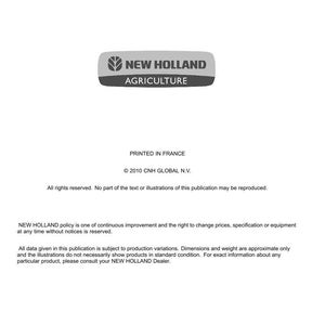 K&ouml;nnte beinhalten: Ein wei&szlig;es Dokumentenblatt mit dem New Holland Agriculture Logo oben. Der Text enth&auml;lt die Adresse der CNH &Ouml;sterreich GmbH, Serviceinformationen, das Copyright 2010 CNH Global N.V. und einen Haftungsausschluss bez&uuml;glich Produktspezifikationen.