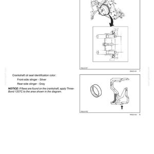 May include: Diagram of an engine's crankshaft and flywheel, with detailed illustrations of oil seal installation and identification. Includes text instructions and color-coded classifications for proper assembly.