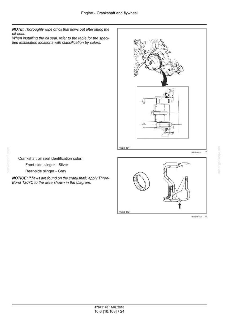 May include: Diagram of an engine's crankshaft and flywheel, with detailed illustrations of oil seal installation and identification. Includes text instructions and color-coded classifications for proper assembly.