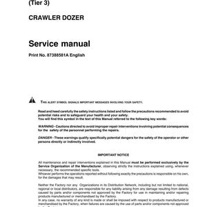 May include: A white service manual titled "1850K (Tier 3) CRAWLER DOZER." The manual includes safety warnings and important notices. Print number 87388581A English is visible. The document is printed on white paper.