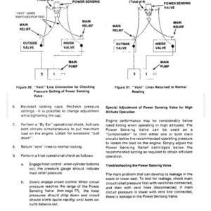 K&ouml;nnte beinhalten: Diagramm eines Hydrauliksystems mit beschrifteten Komponenten, einschlie&szlig;lich Filtern, Ventilen und einer Hauptpumpe. Der Text beschreibt Verfahren zur &Uuml;berpr&uuml;fung der Druckeinstellungen und zur Fehlersuche bei der Leistungserfassung.