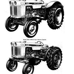 Pode incluir: Ilustra&ccedil;&atilde;o a preto e branco de dois tratores Case. O trator superior est&aacute; rotulado como "Model 632C 4-Wheel Type (Western Special)". O trator inferior est&aacute; rotulado como "Model 641C Tractor (With Adjustable Front Axle)". O texto "GROUP A - GENERAL INFORMATION AND TRACTOR SPLITTING" est&aacute; no topo.