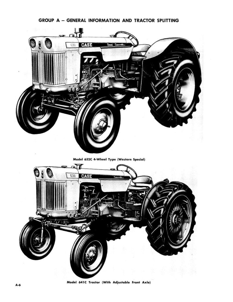Pode incluir: Ilustra&ccedil;&atilde;o a preto e branco de dois tratores Case. O trator superior est&aacute; rotulado como "Model 632C 4-Wheel Type (Western Special)". O trator inferior est&aacute; rotulado como "Model 641C Tractor (With Adjustable Front Axle)". O texto "GROUP A - GENERAL INFORMATION AND TRACTOR SPLITTING" est&aacute; no topo.
