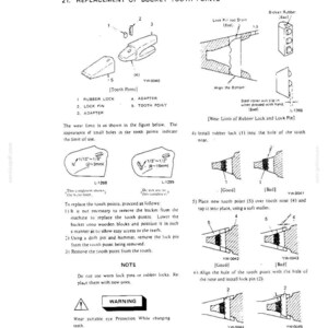 May include: A technical manual page titled 21. REPLACEMENT OF BUCKET TOOTH POINTS, featuring black and white line drawings of excavator bucket components, including rubber locks, lock pins, adapters, and tooth points with numbered assembly diagrams.