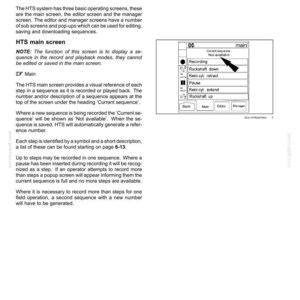 K&ouml;nnte beinhalten: Eine Seite aus einem technischen Handbuch mit dem Titel Working Operations, die die HTS-Vorgewendefunktion und den Farbbildschirm beschreibt. Sie enth&auml;lt Textbeschreibungen und ein schwarz-wei&szlig;es Diagramm des Hauptbildschirms mit Zeiger.