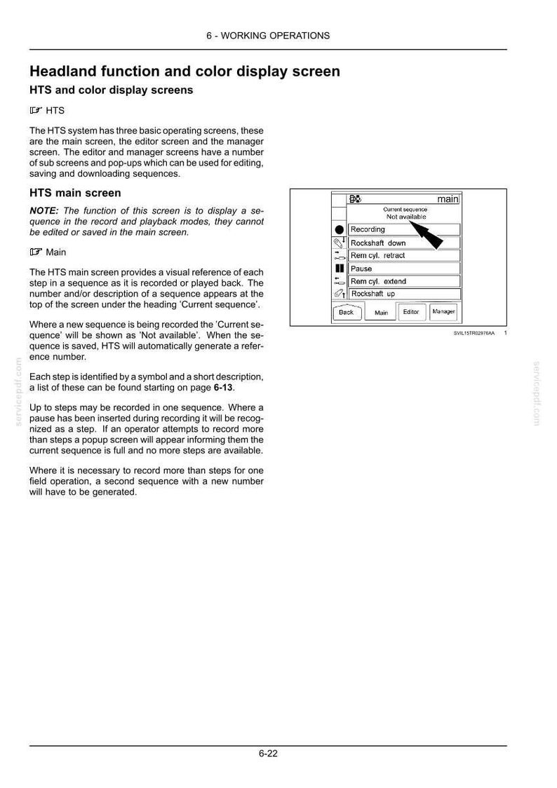 K&ouml;nnte beinhalten: Eine Seite aus einem technischen Handbuch mit dem Titel Working Operations, die die HTS-Vorgewendefunktion und den Farbbildschirm beschreibt. Sie enth&auml;lt Textbeschreibungen und ein schwarz-wei&szlig;es Diagramm des Hauptbildschirms mit Zeiger.