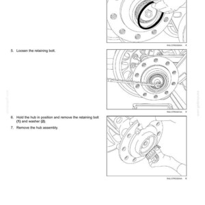 May include: Diagram of track suspension components with step-by-step instructions. The image shows the removal of an O-ring seal, loosening a retaining bolt, and removing the hub assembly. Text includes "Tracks and track suspension - Track tension units."