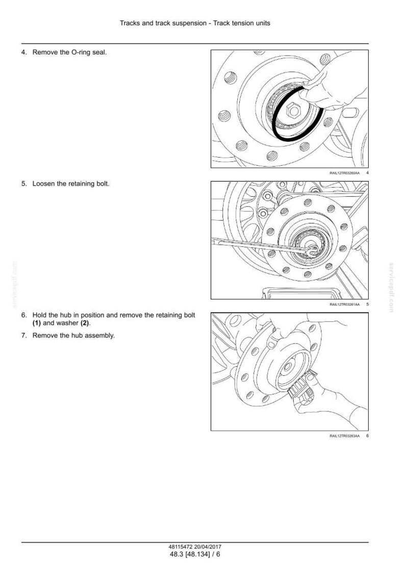May include: Diagram of track suspension components with step-by-step instructions. The image shows the removal of an O-ring seal, loosening a retaining bolt, and removing the hub assembly. Text includes "Tracks and track suspension - Track tension units."
