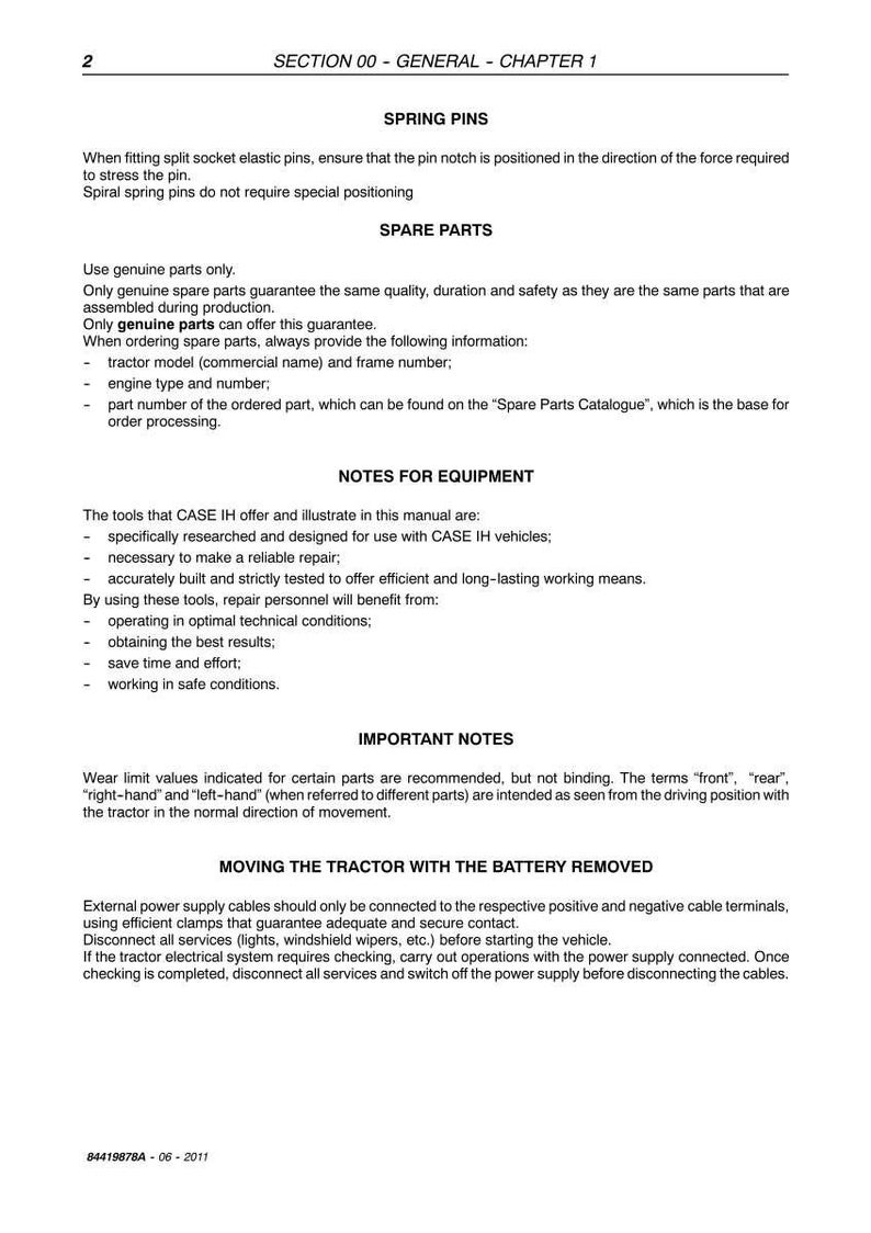 May include: A page from a manual with the title "SECTION 00 - GENERAL - CHAPTER 1". The text describes spring pins, spare parts, notes for equipment, important notes, and moving a tractor with the battery removed. The document includes technical information.