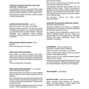 May include: A page from a manual detailing safety information about various chemicals, including acids, adhesives, and antifreeze. The text is black on a white background, with headings and bullet points.