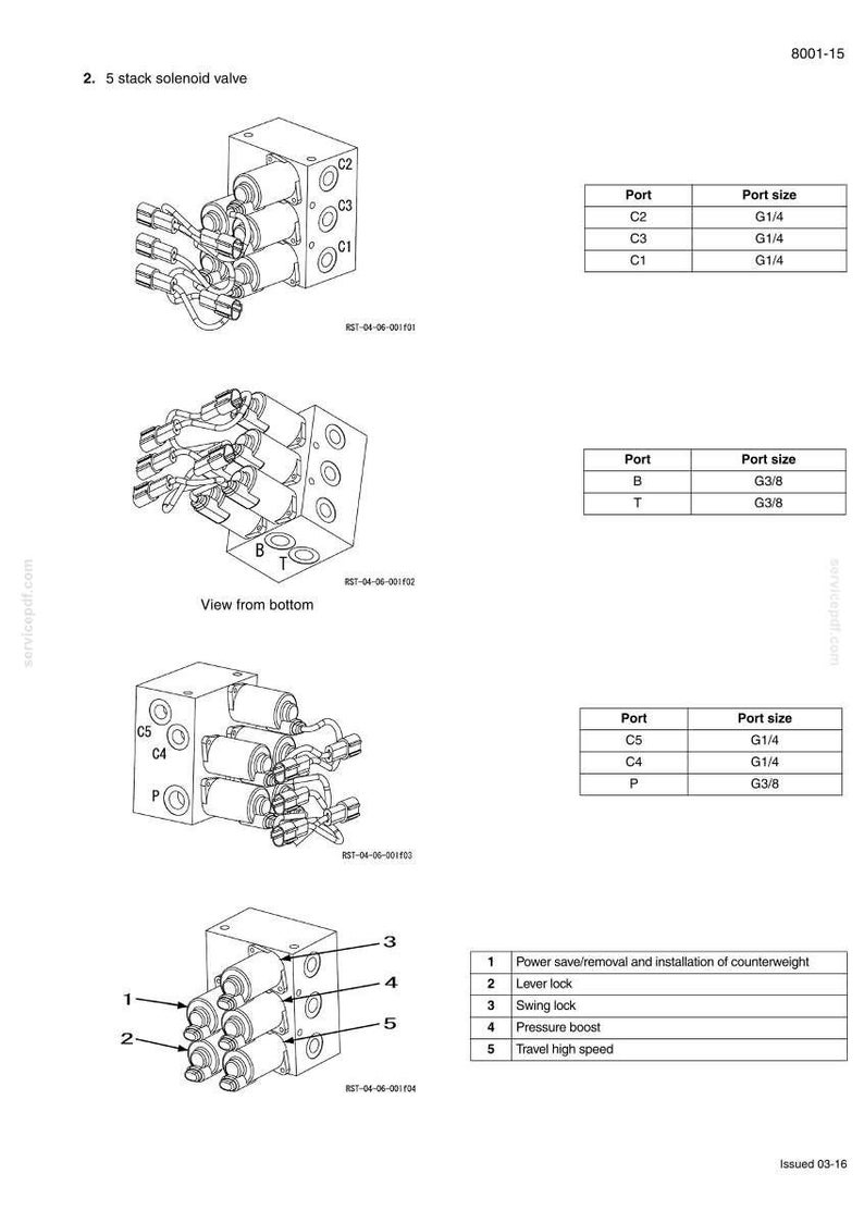 May include: Diagram of a 5-stack solenoid valve with multiple ports and sizes, including G1/4 and G3/8. The image includes labels for various components and a table detailing port sizes.