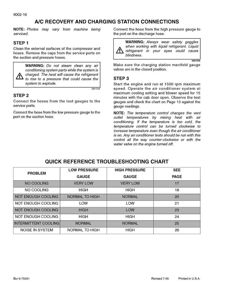 May include: A printed page with instructions for A/C recovery and charging station connections. The text includes warnings about safety and procedures. A troubleshooting chart lists problems and gauge readings.