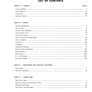 May include: A black and white printed page from a tractor manual. The title reads "List of Contents" with sections on the engine, instruments, and torque tube. The text includes "350," "500B," and "600B" series tractors.