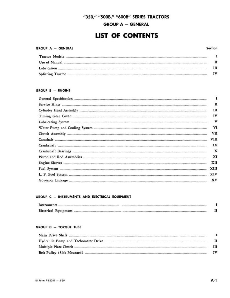 May include: A black and white printed page from a tractor manual. The title reads "List of Contents" with sections on the engine, instruments, and torque tube. The text includes "350," "500B," and "600B" series tractors.