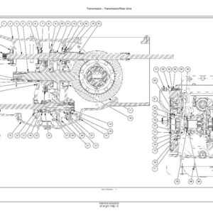 Puede incluir: Diagrama t&eacute;cnico detallado de un conjunto de transmisi&oacute;n y tracci&oacute;n trasera, con numerosos componentes etiquetados. El diagrama es en blanco y negro, mostrando secciones transversales y mecanismos internos. El texto "Transmission - Transmission/Rear drive" est&aacute; en la parte superior.