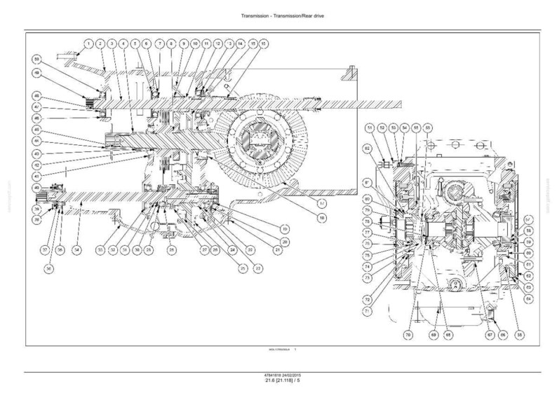 Puede incluir: Diagrama t&eacute;cnico detallado de un conjunto de transmisi&oacute;n y tracci&oacute;n trasera, con numerosos componentes etiquetados. El diagrama es en blanco y negro, mostrando secciones transversales y mecanismos internos. El texto "Transmission - Transmission/Rear drive" est&aacute; en la parte superior.