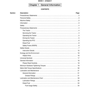 May include: A page from a manual titled "SECTION 00 - GENERAL INFORMATION" with a table of contents. The table lists topics such as "Personal Safety", "Machine Safety", and "Diesel Fuel". The page number is 2.