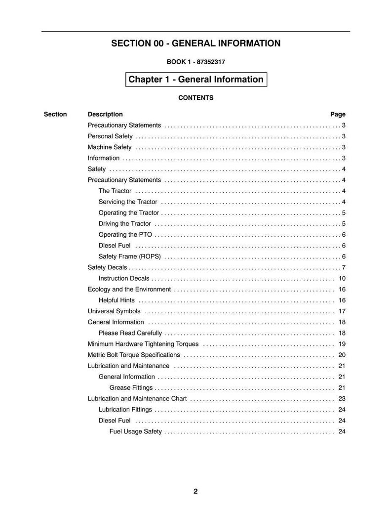 May include: A page from a manual titled "SECTION 00 - GENERAL INFORMATION" with a table of contents. The table lists topics such as "Personal Safety", "Machine Safety", and "Diesel Fuel". The page number is 2.