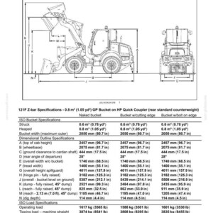 K&ouml;nnte beinhalten: Diagramm eines 121F Z-Bar-Laders mit Spezifikationen. Das Bild enth&auml;lt Messungen in cm und kg f&uuml;r verschiedene Komponenten, wie z. B. Schaufelbreite, Gesamth&ouml;he und Kipplast.