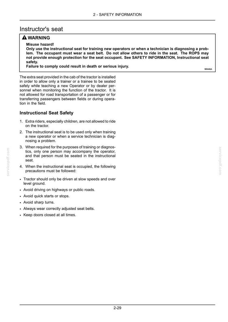 May include: A black and white document page titled 2-SAFETY INFORMATION, Instructor's seat. It contains a warning box regarding misuse hazards, instructional seat safety guidelines, and numbered rules for tractor operation and passenger safety.