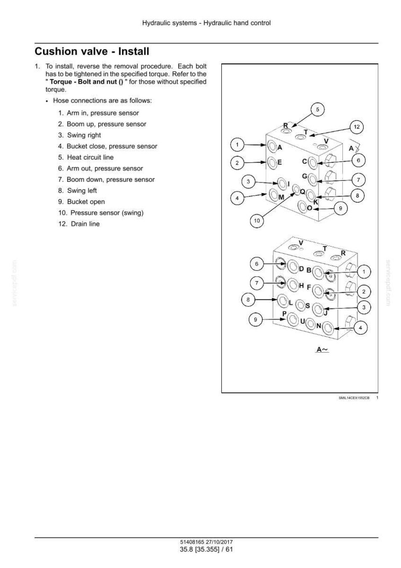 May include: Diagram of a hydraulic system's cushion valve installation, with labels for hose connections and components. Includes text instructions and a schematic with numbered and lettered parts for reference.