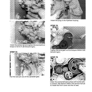 May include: A grayscale engine repair manual page with multiple steps. Step 72 shows a close-up of engine components. Step 73 instructs pulling a lock pin. Step 74 shows installing a plug. Step 75 shows tightening a gear nut. Step 76 shows cleaning a surface.