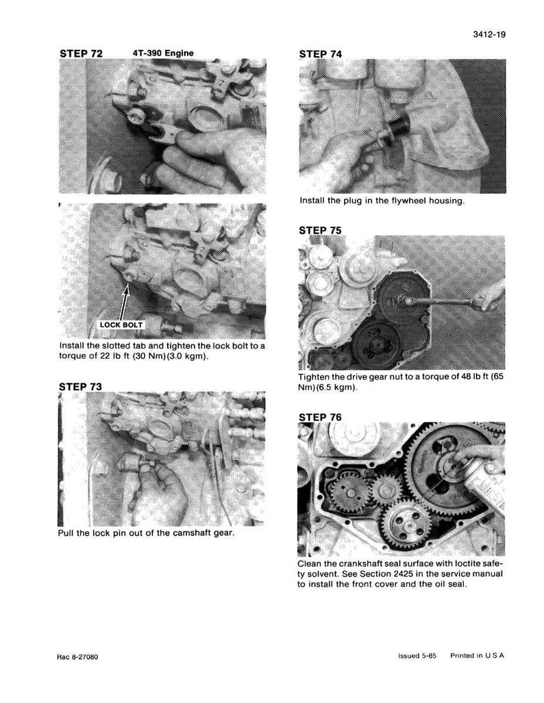 May include: A grayscale engine repair manual page with multiple steps. Step 72 shows a close-up of engine components. Step 73 instructs pulling a lock pin. Step 74 shows installing a plug. Step 75 shows tightening a gear nut. Step 76 shows cleaning a surface.
