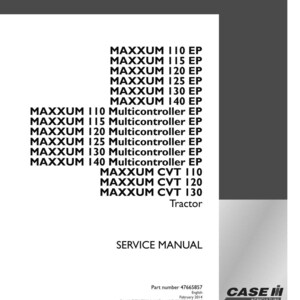 May include: A white service manual with black text listing tractor models: MAXXUM 110 EP to 140 EP, Multicontroller EP models, and CVT models. The Case IH Agriculture logo is in the bottom right.