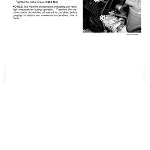 May include: A technical manual page titled 7 - MAINTENANCE Air conditioning compressor drive belt. It features a black and white photograph of a compressor with a drive belt labelled 1 and a securing nut labelled 2, with text instructions.