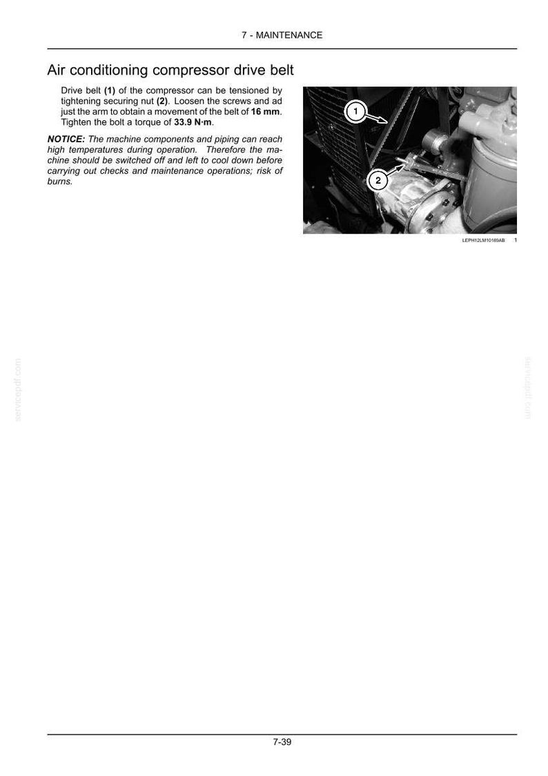 May include: A technical manual page titled 7 - MAINTENANCE Air conditioning compressor drive belt. It features a black and white photograph of a compressor with a drive belt labelled 1 and a securing nut labelled 2, with text instructions.
