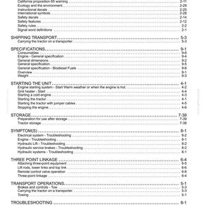 K&ouml;nnte beinhalten: Eine schwarz-wei&szlig;e Inhaltsverzeichnisseite aus einem technischen Handbuch mit &Uuml;berschriften wie Safety Information, Specifications, Starting the Unit, Storage, Symptom(s), Three Point Linkage, Transport Operations und Troubleshooting.